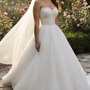 White Strapless Sleeveless Lace Embroidery Tulle Ball Gown Wedding Dres