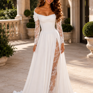 Bohemian Wedding Dress with 3/4 Lace Sleeves, Corset Bodice, Lace-Up Back & Front Slit | Custom A-Line Strapless