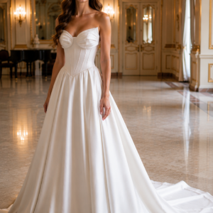 Vintage Satin A-Line Wedding Dress – Strapless Pleated & Draped Custom Bridal Gown