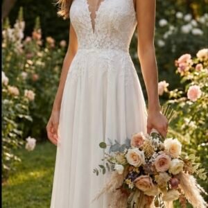 Custom bohemian Wedding Dress A line with Chiffon with Lace Appliques