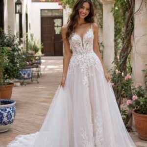 Bohemian Wedding Dress with Open Back & Spaghetti Straps | Custom Lace Appliqué Bridal Gown